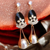 Midnight Bloom Pearl Drop Earrings – Elegant Black & Gold with Crystal & Pearl Detail